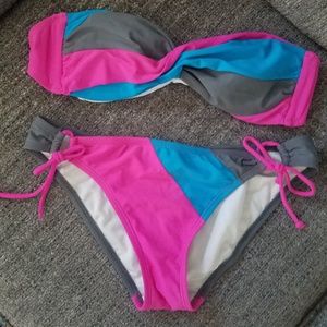 Pink, blue and grey strapless bathing suit